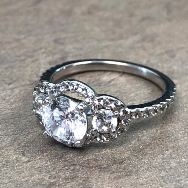 14K White Gold 3 Stone Halo Engagement Ring